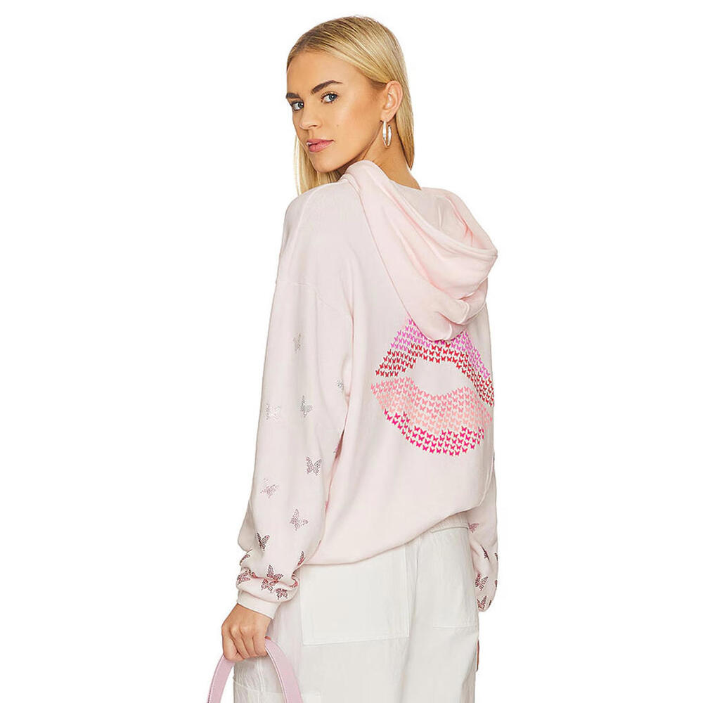 Lauren Moshi HARMONY Soft Pullover Hoodie Top pink Crystal embellished butterfly